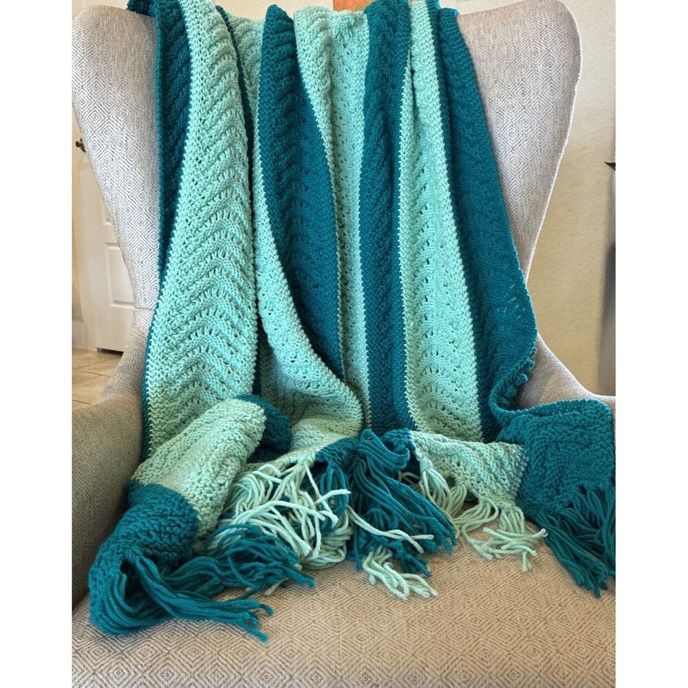 Vintage Handmade Crochet Throw Blanket, Tassels, Teal/ Light Teal, Large Size